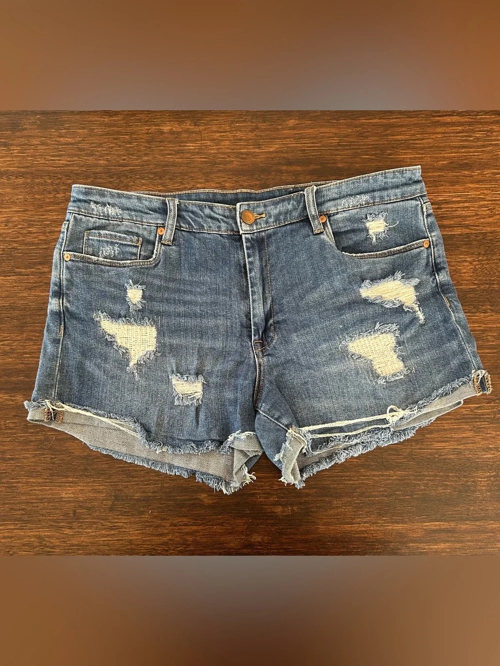 Blank NYC Distressed Dark Blue Rolled-Hem Denim Shorts